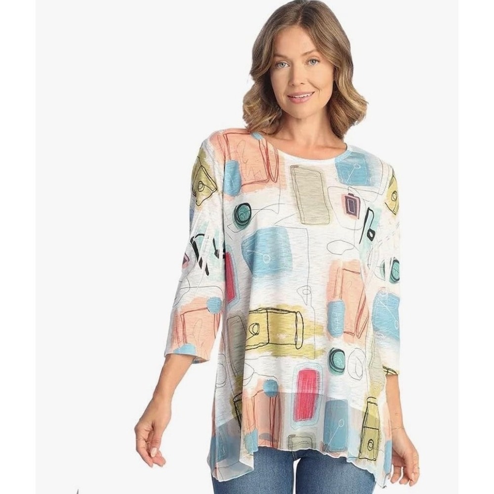 Jess & Jane Tunic "Calico"‎ Medium Multi Abstract 3/4 Sleeve New 63-1790